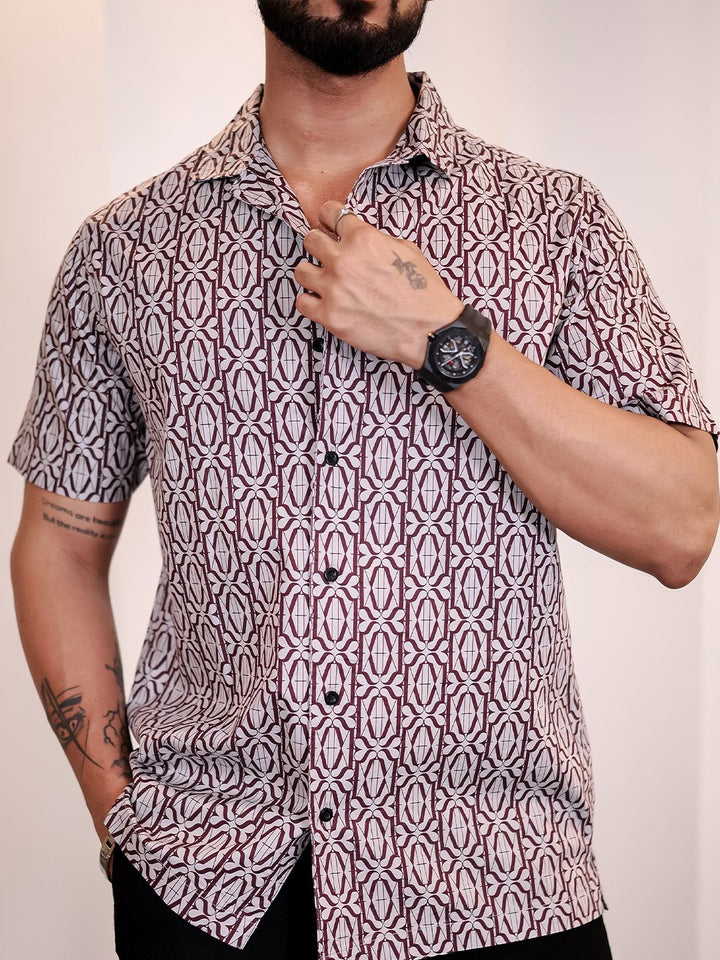 Baju Kasual Kapas Kolar Bercetak Abstrak Eszett Lelaki