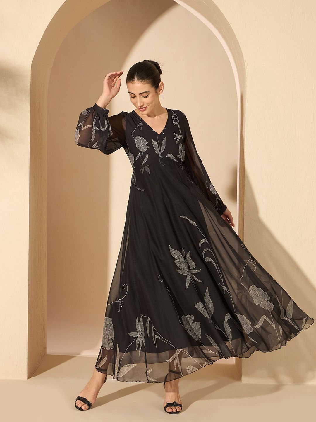 Antheaa Floral Chiffon Fit and Flare Maxi Dress
