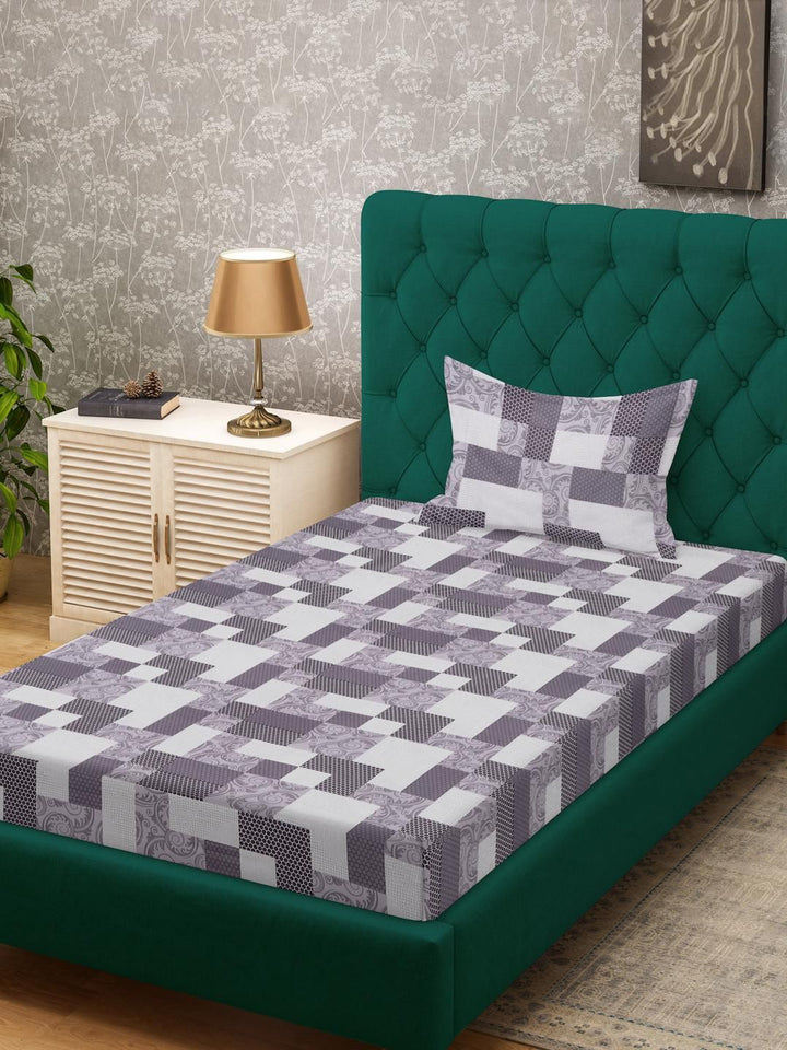 Klotthe Purple Geometric 400 TC Pure Cotton Single Bedsheet dengan Sarung Bantal