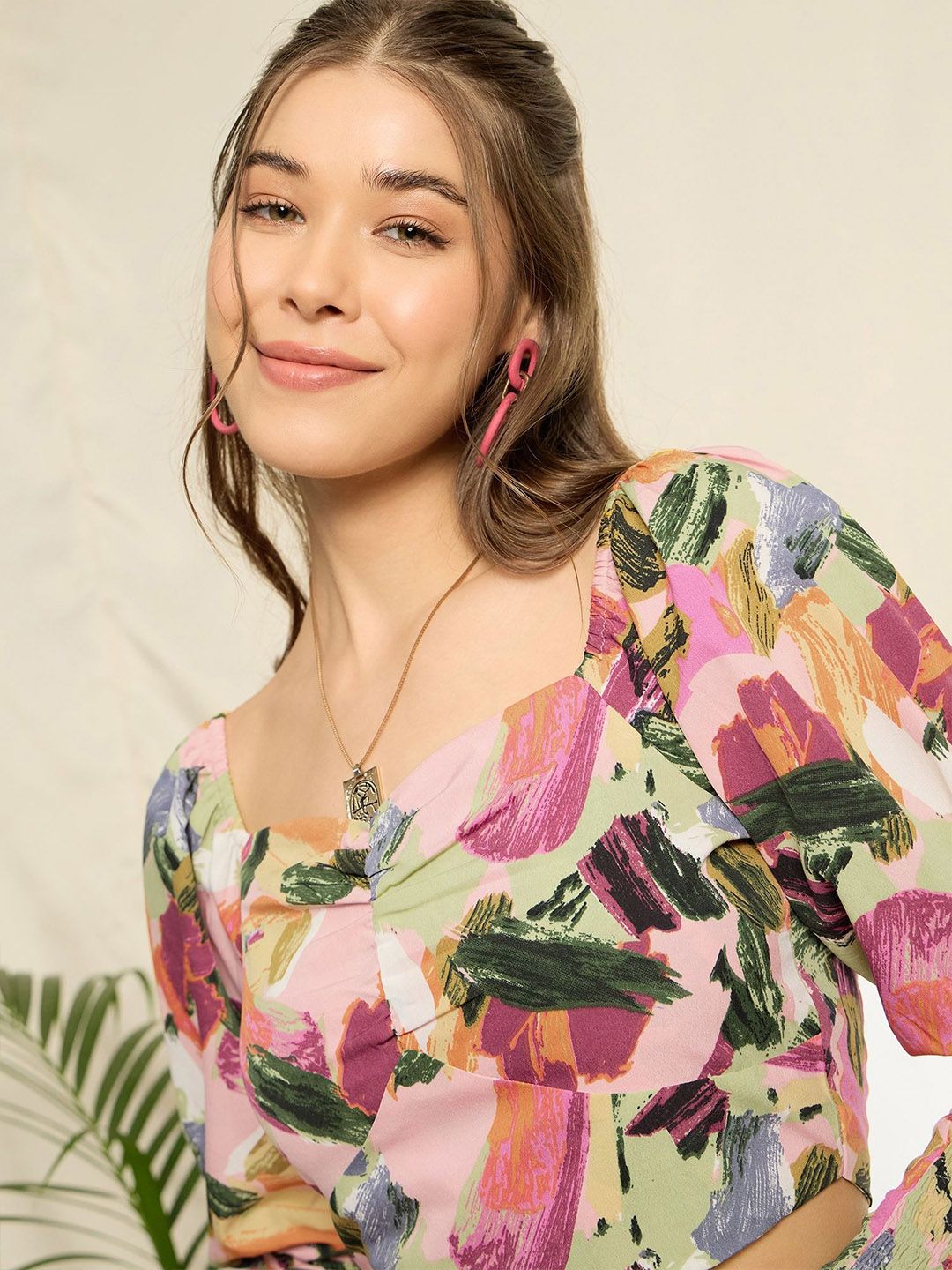 Berrylush Women Print Sweetheart Neck Puff Sleeve Crop Top