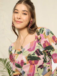 Berrylush Women Print Sweetheart Neck Puff Sleeve Crop Top