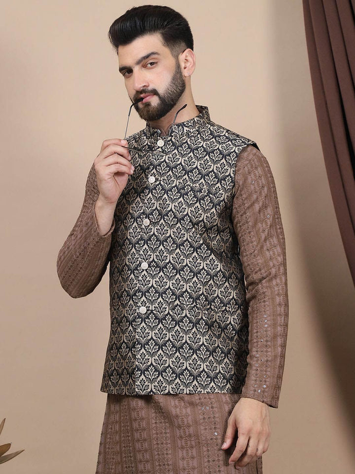 Anouk Embroidered Sequinned Pure Cotton Straight Kurta With Churidar & Nehru Jacket