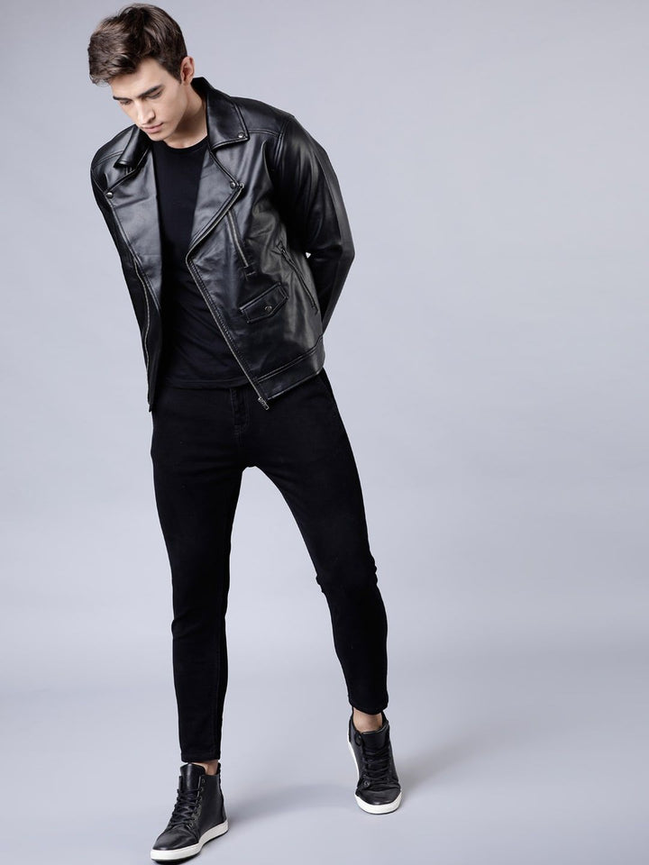 HIGHLANDER Men Black Solid Leather Jacket
