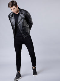 HIGHLANDER Men Black Solid Leather Jacket