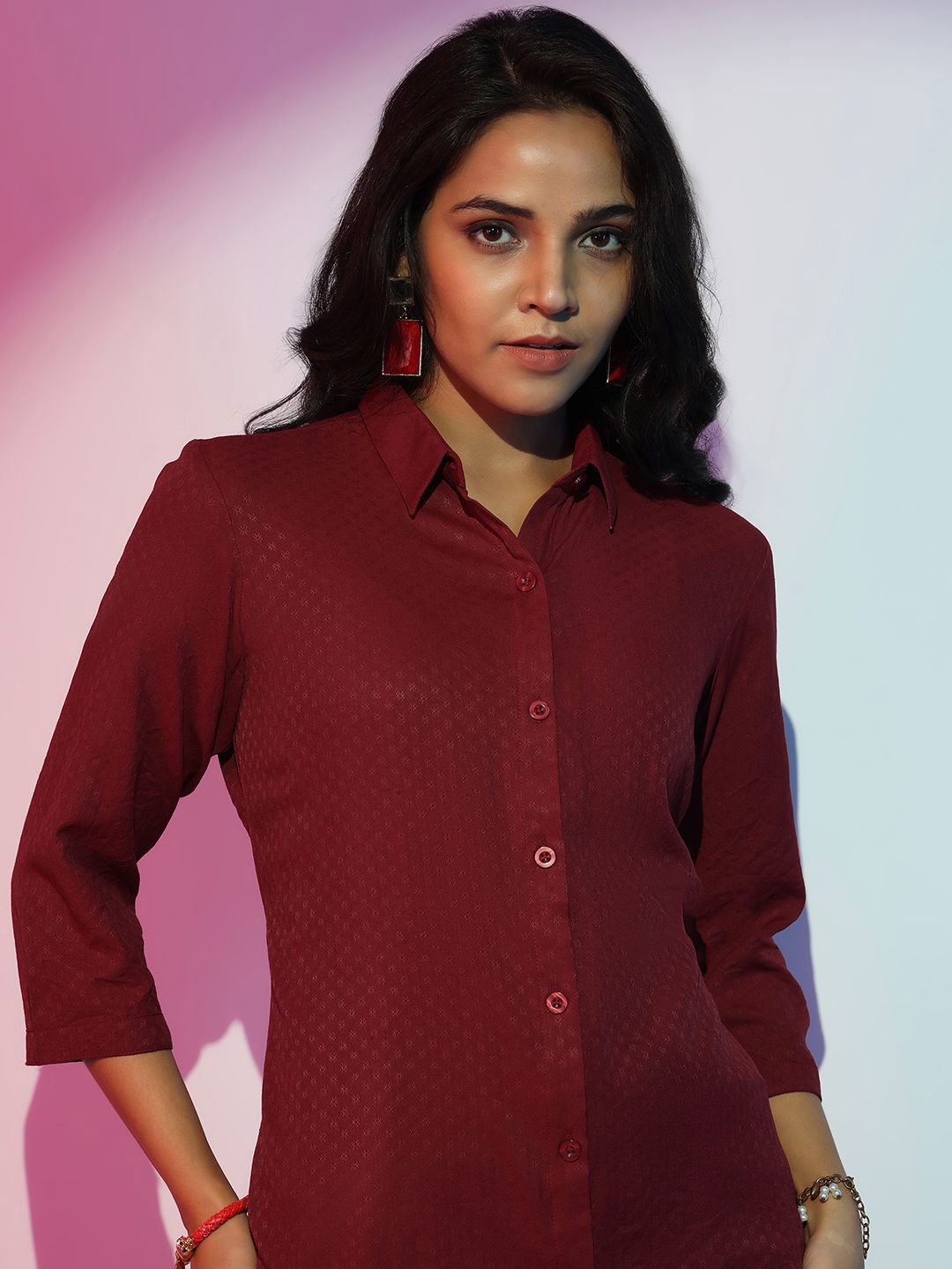 Libas Women Self Design Shirt Collar Front Open Tunic