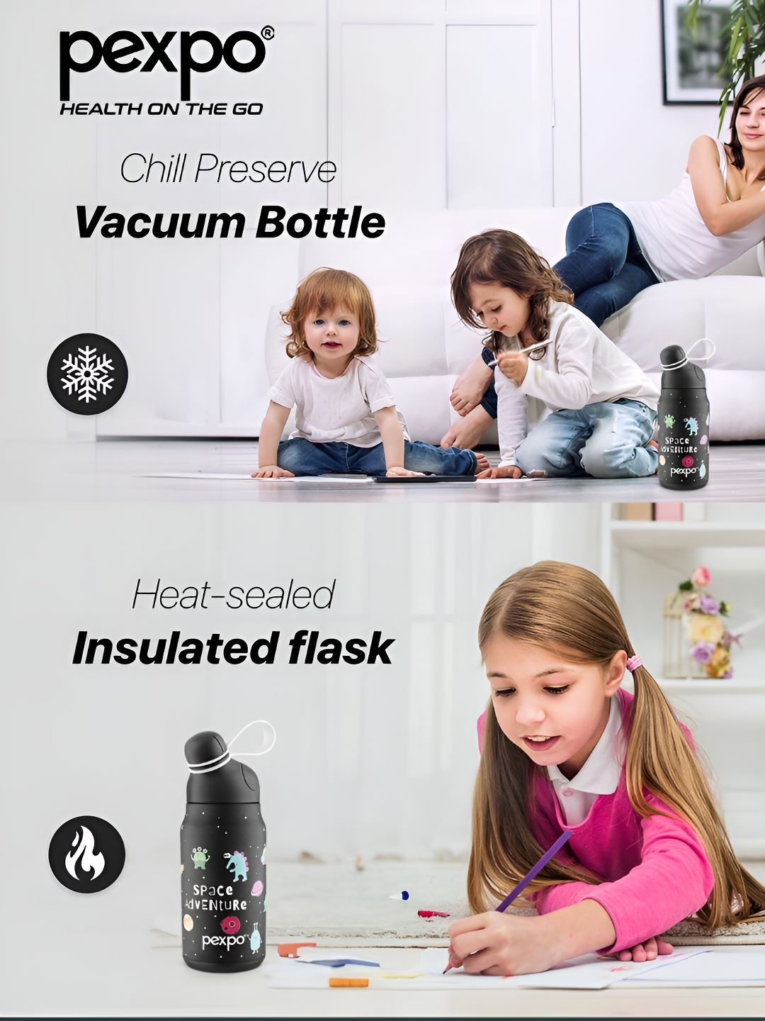Pexpo Black Printed Single Stainless Steel Double Wall Vacuum Water Bottle 420ml