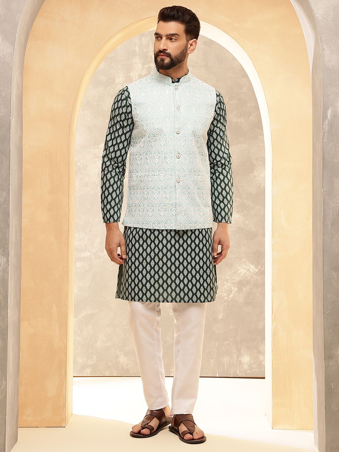 Anouk Green Ethnic Motifs Printed Pure Cotton Straight Kurta With Pyjamas
