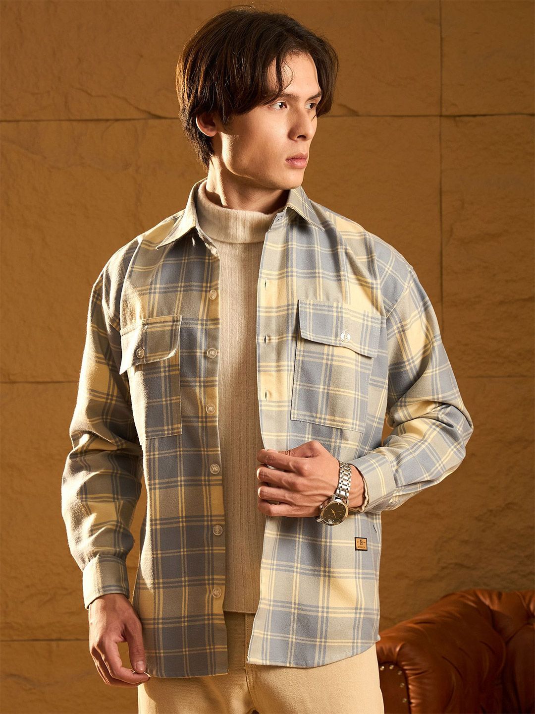 DENNISON Men Double Pocket Drop Shoulder Oversized Cotton Checked Shacket