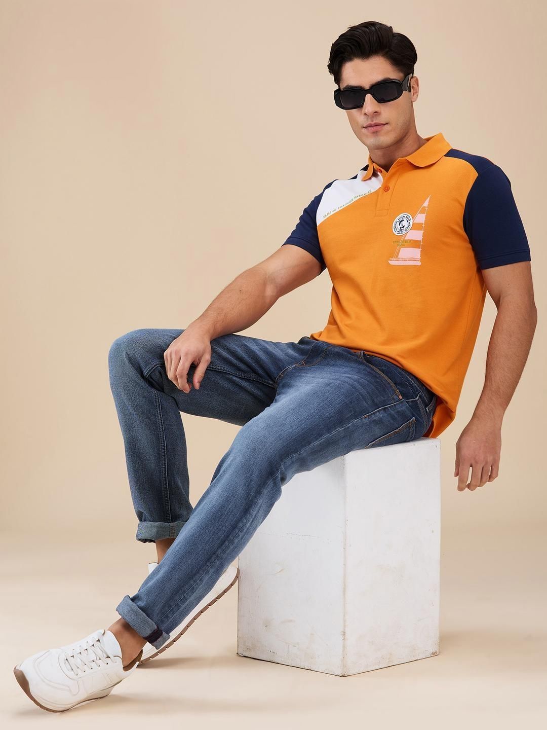 Being Human Men Colourblocked Polo Collar Cotton Slim Fit T-shirt
