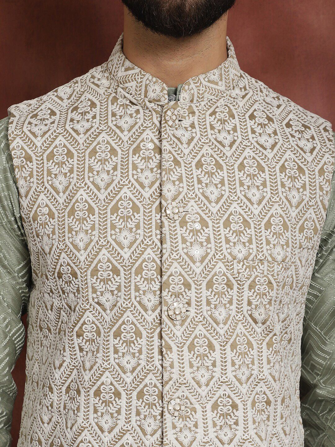 Anouk Ethnic Motifs Embroidered Regular Thread Work Kurta with Churidar & Nehru Jacket