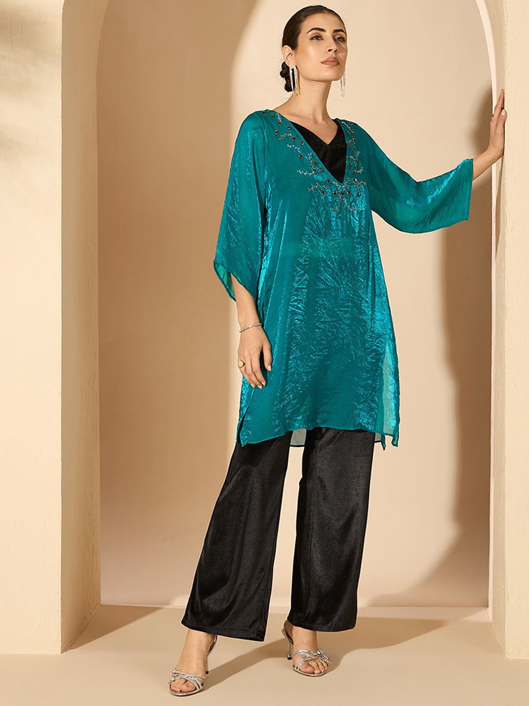 Antheaa Silk Embellished V-Neck Tunic with Trousers