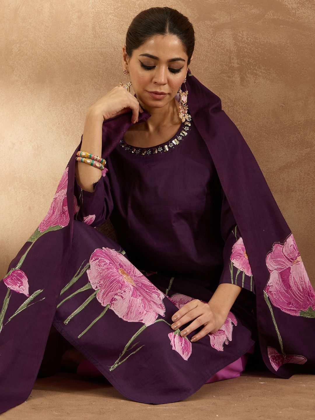 Indo Era Women Floral Printed Regular Pure Cotton Kurta with Trousers & With Dupatta