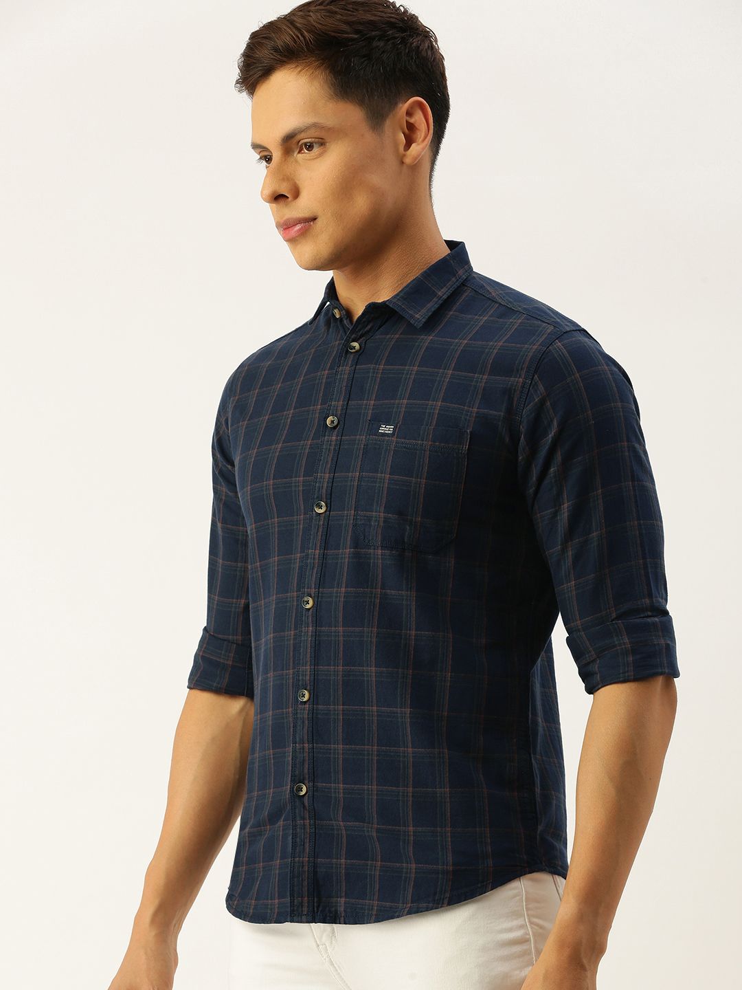 The Indian Garage Co Men Navy Blue & Brown Slim Fit Checked Casual Shirt