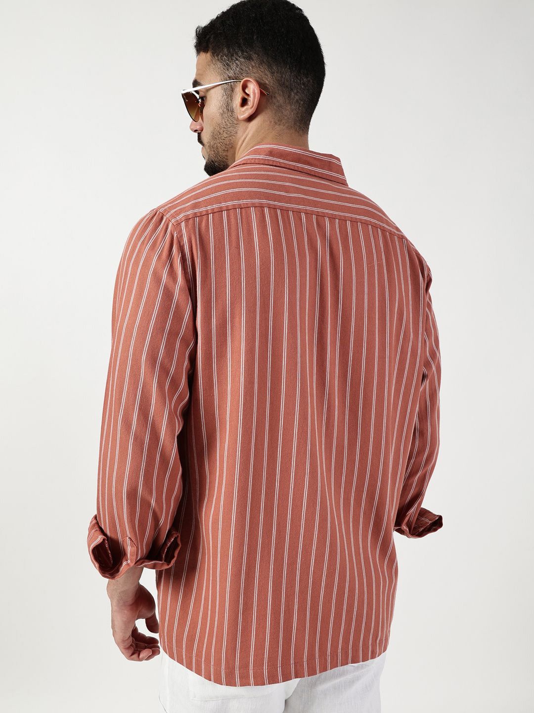 Thomas Scott Men Premium Spread Collar Vertical Striped Pure Cotton Slim Fit Casual Shirt