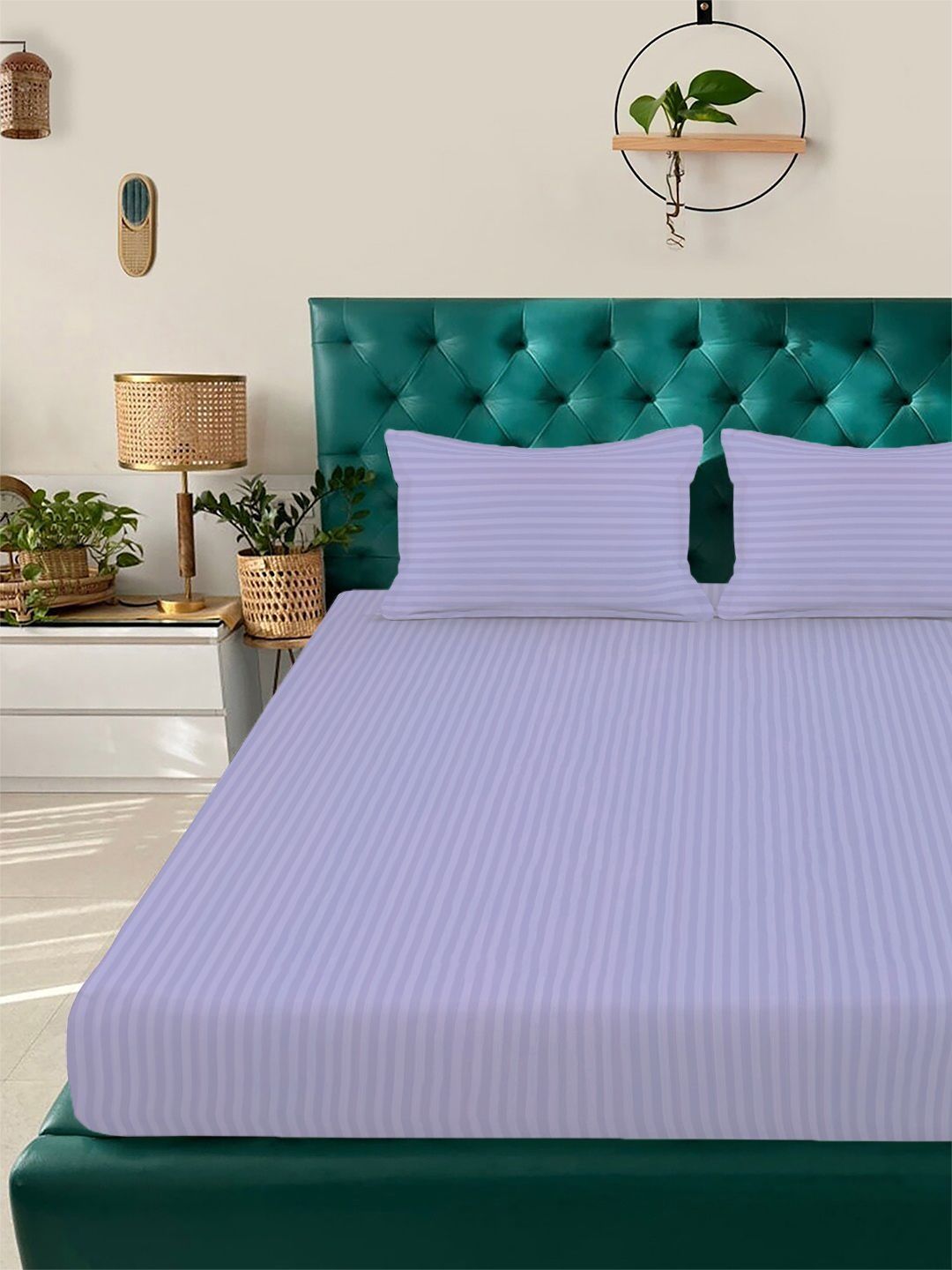 Myntra Elegant Homes Lavender & White Striped 300 TC King Bedsheet with 2 Pillow Covers