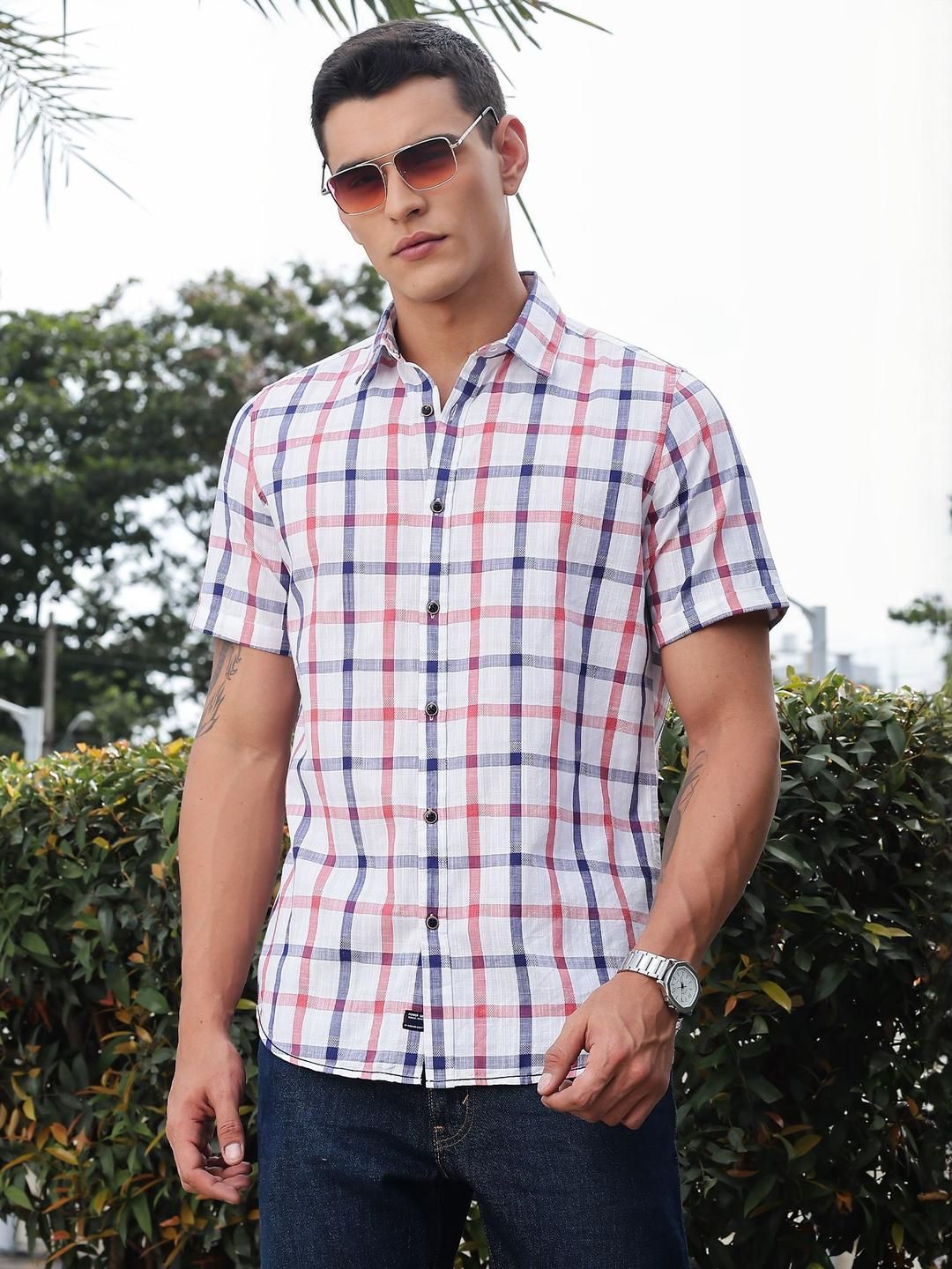 Thomas Scott Men Classic Slim Fit Windowpane Checks Checked Casual Shirt