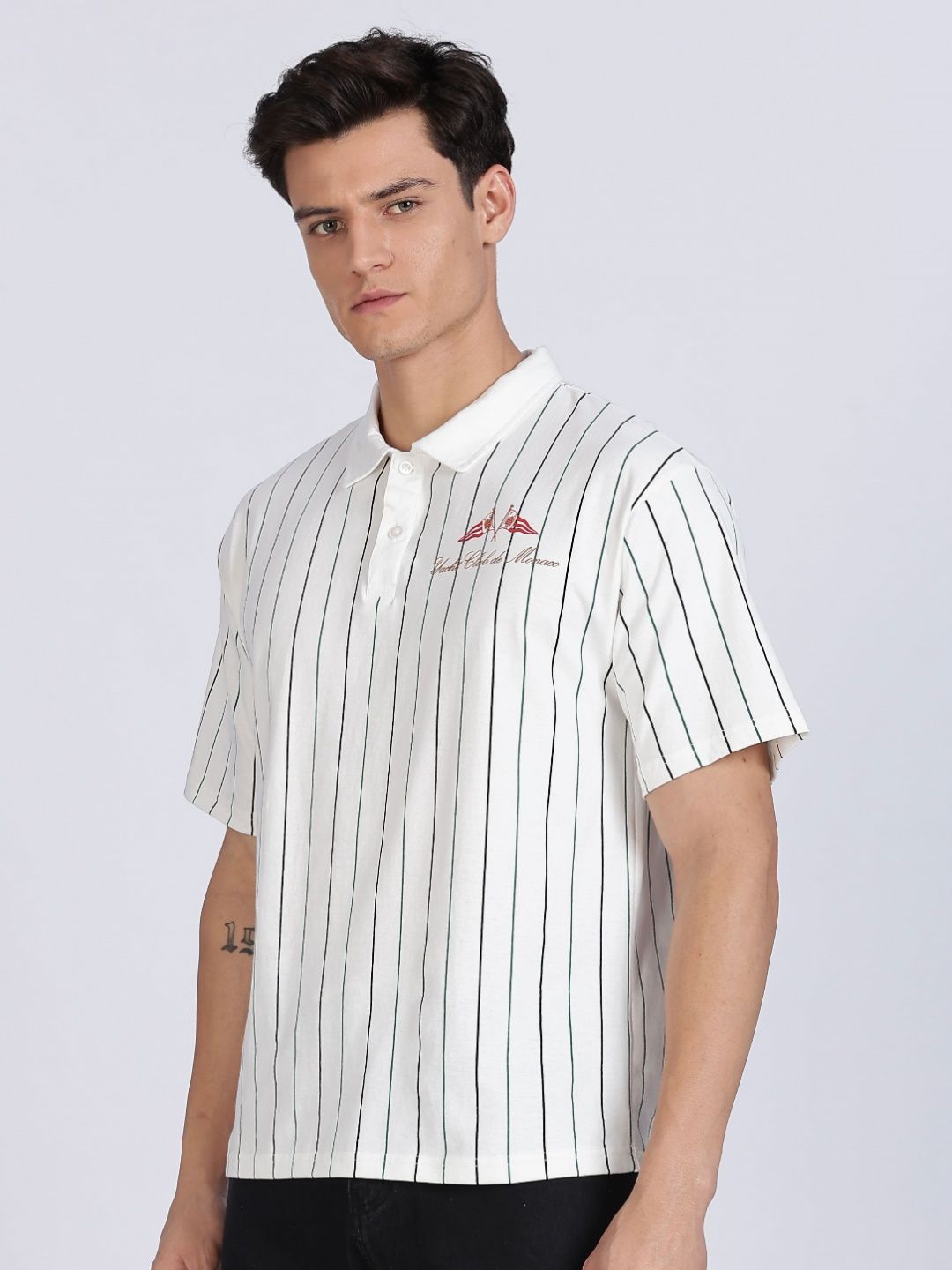 Eszett Greek Yacht White Polo Striped Cotton Collar Drop-Shoulder Sleeves Oversized Fit T-shirt