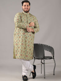 SOJANYA PLUS Plus Size Lelaki Motif Etnik Bercetak Cotton Linen Kurta Lurus Dengan Piyama