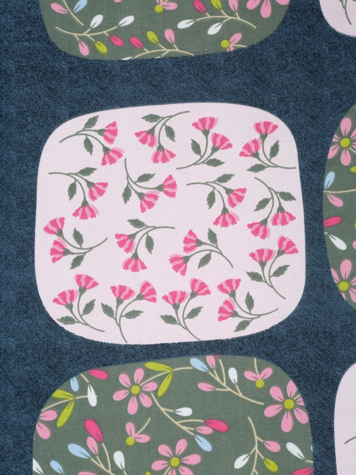 Aura Blue & Pink Floral Printed Flat 300TC Single Bedsheet With Pillow Cover