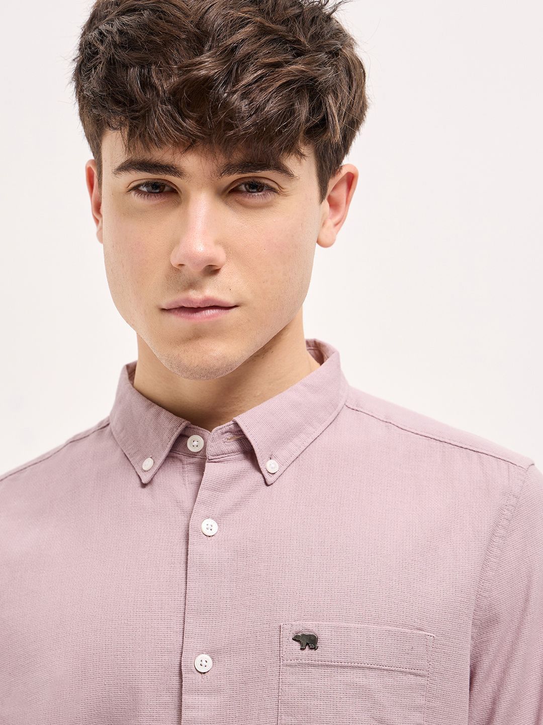 THE BEAR HOUSE Men Button-Down Collar Solid Slim Fit Cotton Shirt