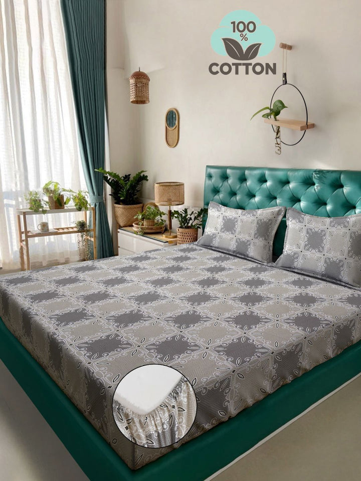 Myntra Elegant Homes Grey Ethnic Motifs 400 TC King Bedsheet with 2 Pillow Covers