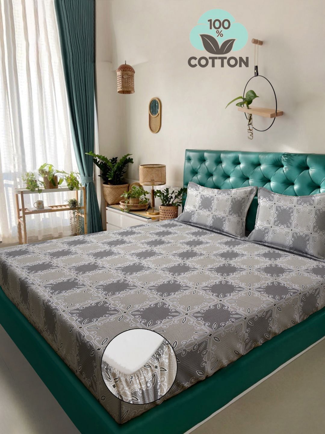 Myntra Elegant Homes Grey Ethnic Motifs 400 TC King Bedsheet with 2 Pillow Covers