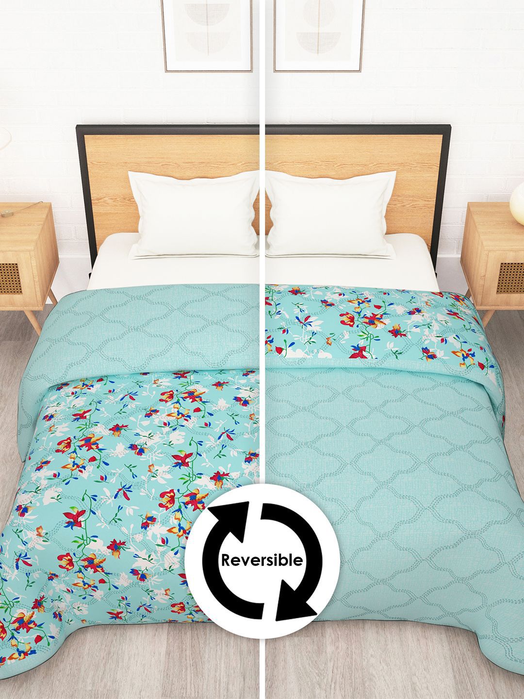 Story@home Turquoise Blue Printed Reversible 120 GSM AC Room Double Bed Comforter