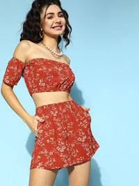 Berrylush Floral Printed Off Shoulder Crop Top With Shorts