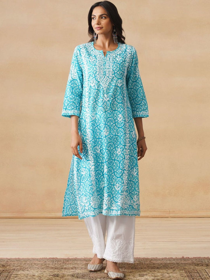 House of Chikankari Women Turquoise Blue Mulmul Chikankari Sulam Kurta