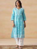 House of Chikankari Women Turquoise Blue Mulmul Chikankari Sulam Kurta