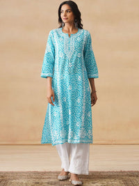House of Chikankari Women Turquoise Blue Mulmul Chikankari Sulam Kurta