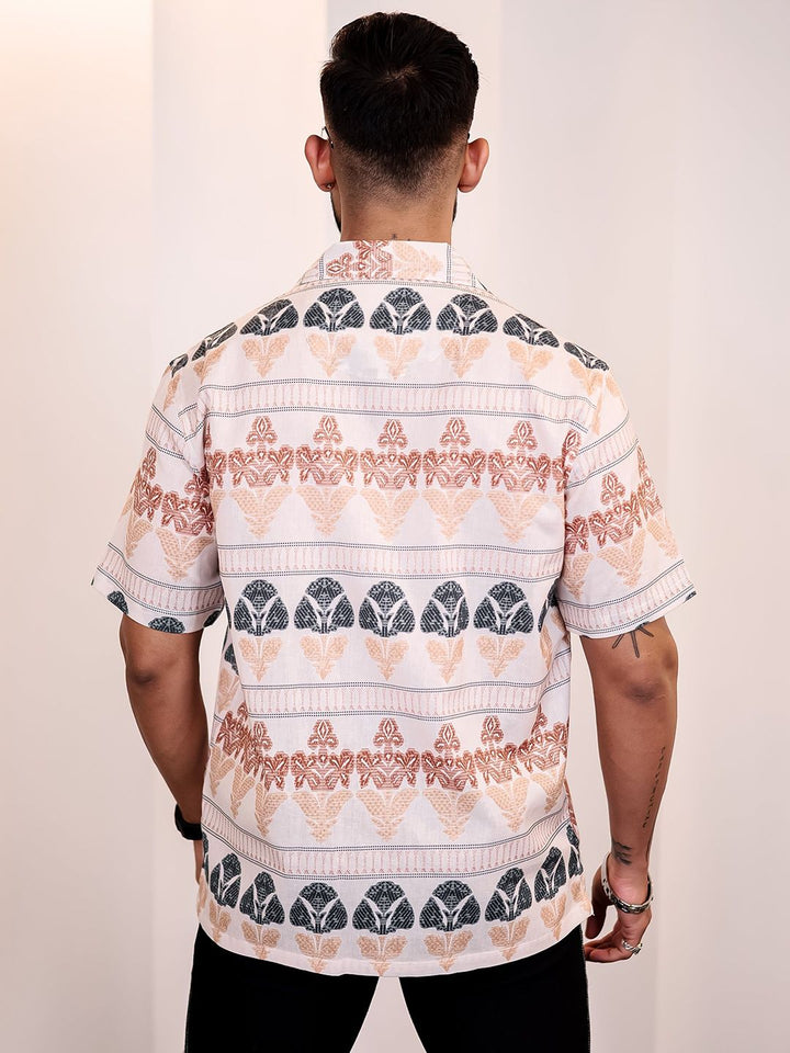 Eszett Men Ethnic Motifs Printed Cuban Collar Linen Casual Shirt