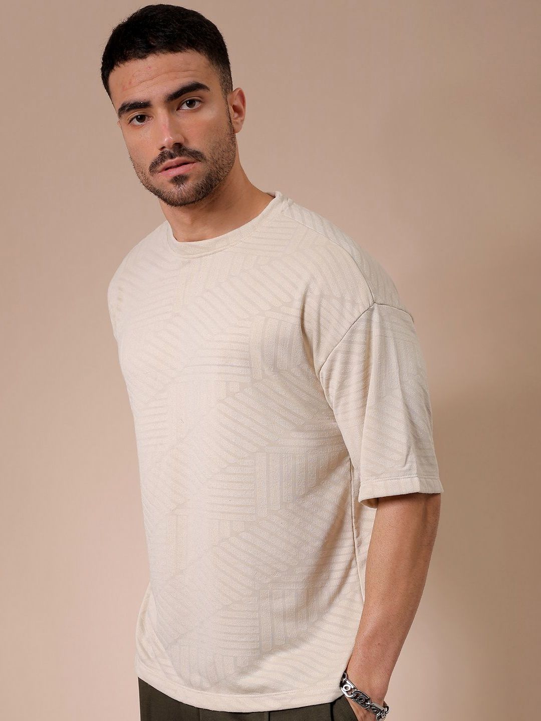 The Indian Garage Co Men Self Design Round Neck Oversized T-shirt
