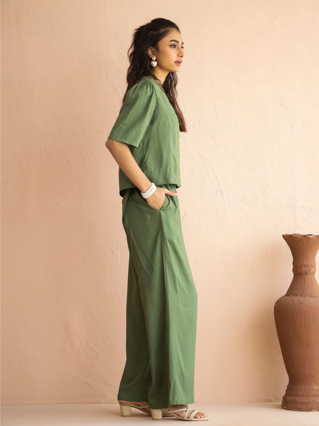 SANSKRUTIHOMES V-Neck Short Sleeve Top With Trouser Co-Ords