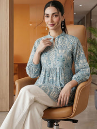 Mamicha Print Mandarin Collar Bishop Sleeves Cotton Top