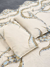 KLOTTHE Cream Color & Blue Printed 300 TC Double Bedsheet & 2 Pillow Covers-2.5 m x 2.25 m