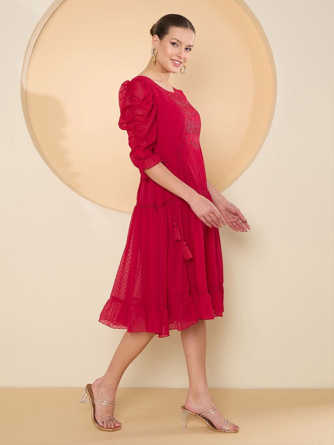 Antheaa Women Puff Sleeve Chiffon Fit & Flare Embellished Dress