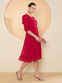 Antheaa Women Puff Sleeve Chiffon Fit & Flare Embellished Dress