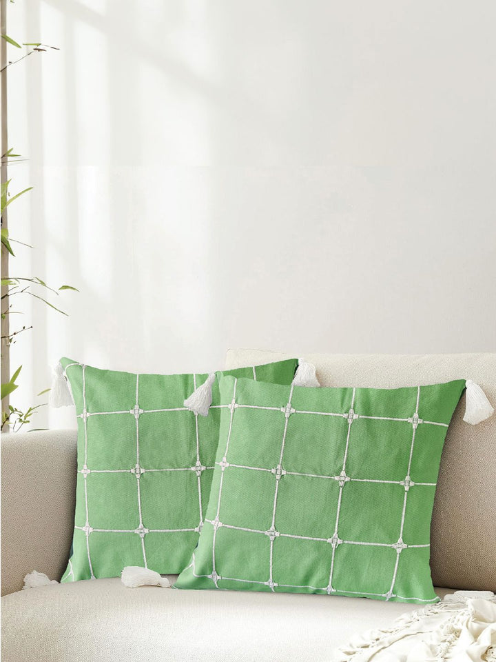 URBAN SPACE Green & White 2 Pieces Embroidered Pure Cotton Square Cushion Covers
