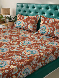Aura Rust & Blue Ethnic Motifs Printed 300 TC Fitted King Bedsheet Set 2.5 x 2.25 m