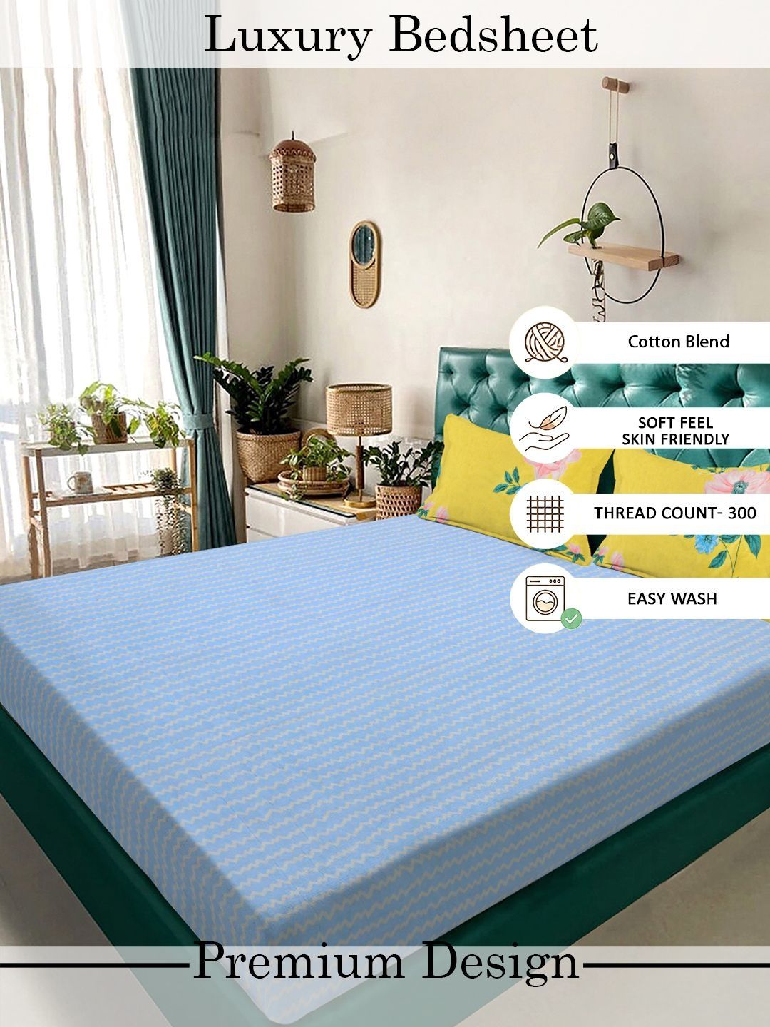 Myntra Elegant Homes Blue & Yellow 300 TC King Bedsheet with 2 Pillow Covers