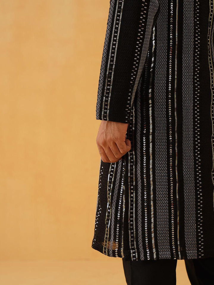SOJANYA LUXE Striped Embroidered Sequinned Georgette Straight Kurta With Trousers
