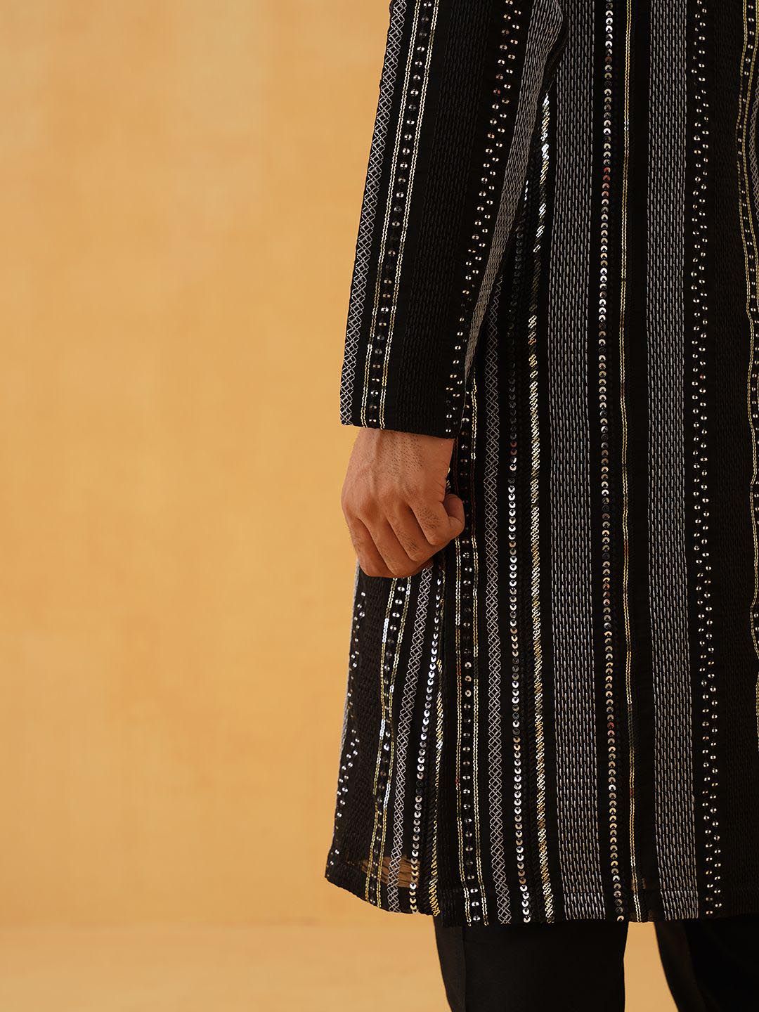 SOJANYA LUXE Striped Embroidered Sequinned Georgette Straight Kurta With Trousers