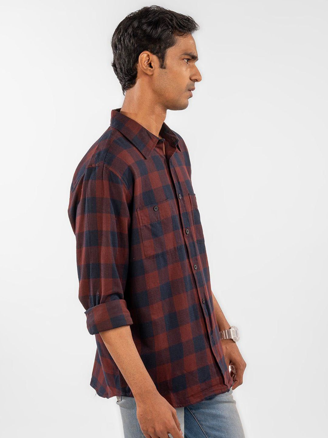 Eszett Men Buffalo Checked Spread Collar Baju Kasual