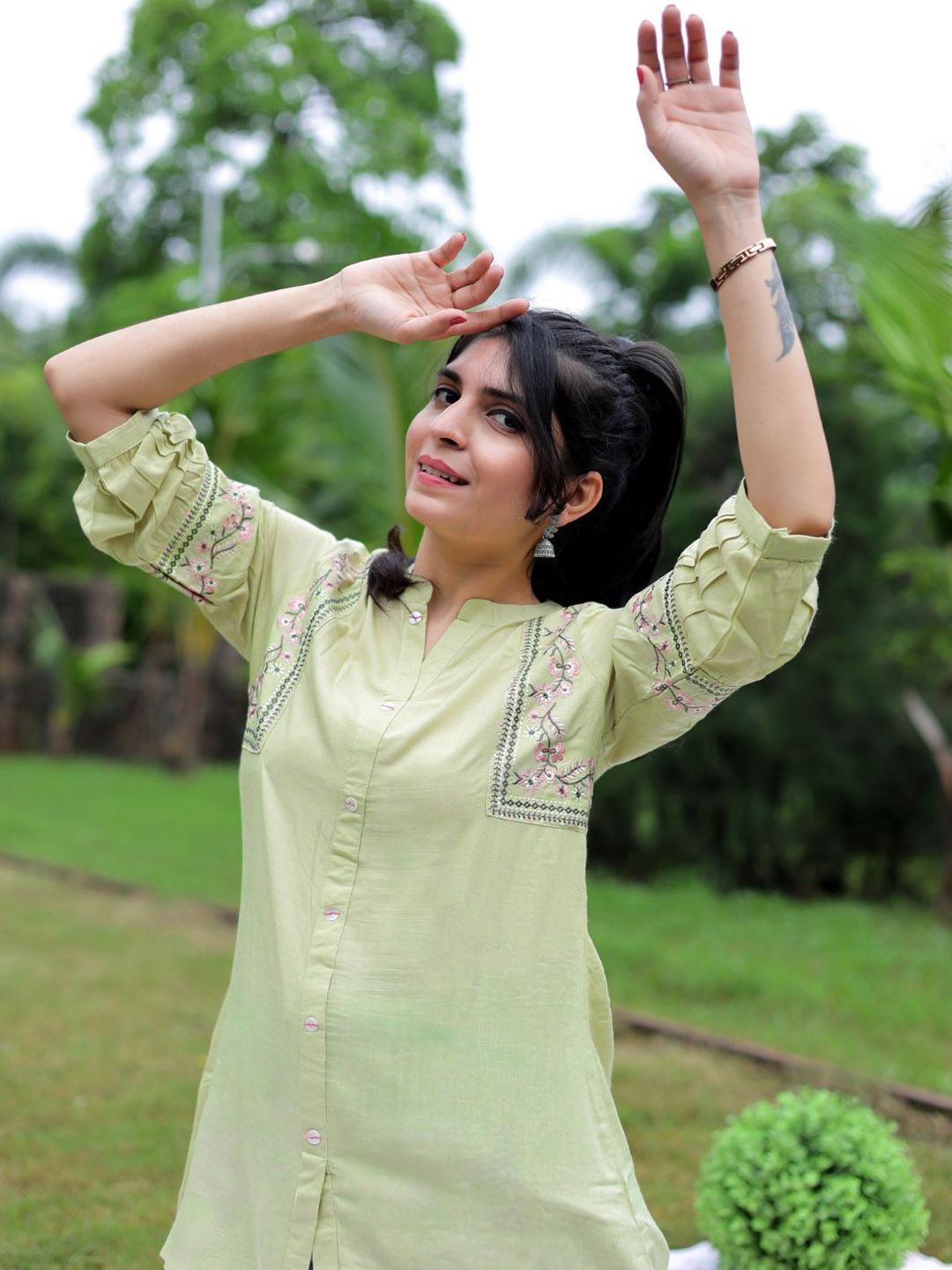 KALINI Floral Embroidered Mandarin Collar A-Line Kurti