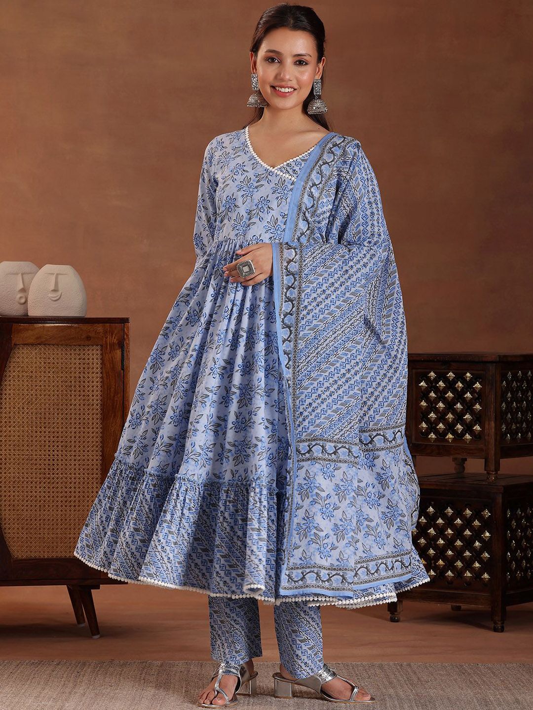 Libas Floral Printed Angrakha Pure Cotton Anarkali Kurta with Trousers & Dupatta