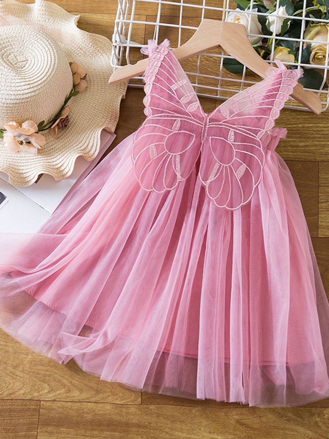 YK Girls Self Design V-Neck Fit & Flare Dress