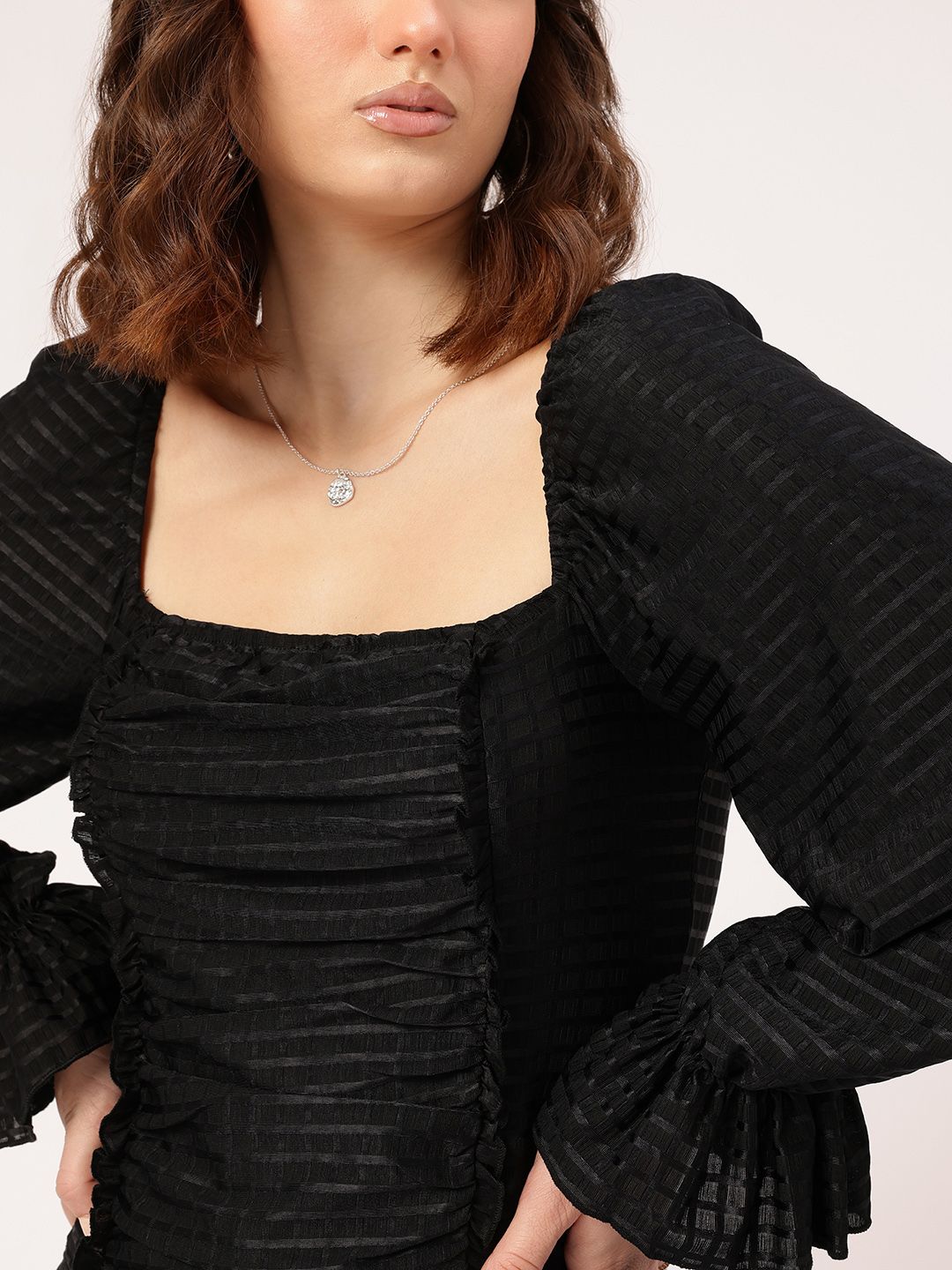 DressBerry Soft Grunge Glam Self Checked Smocked Ruched Top