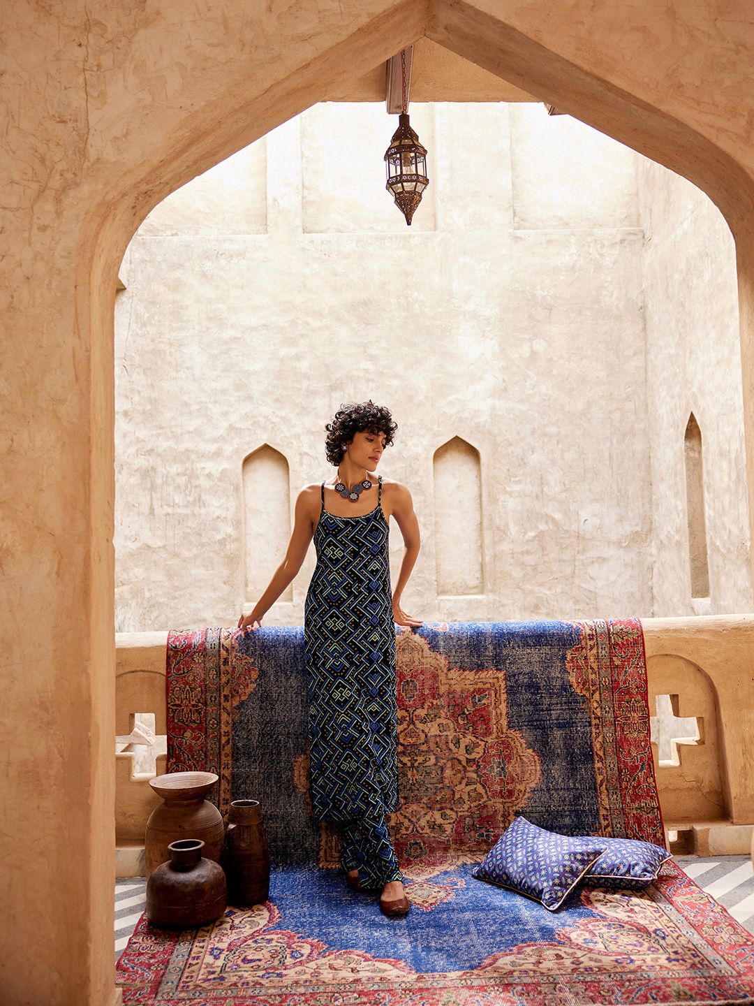 Global Desi Printed Shoulder Straps Kurta with Trousers