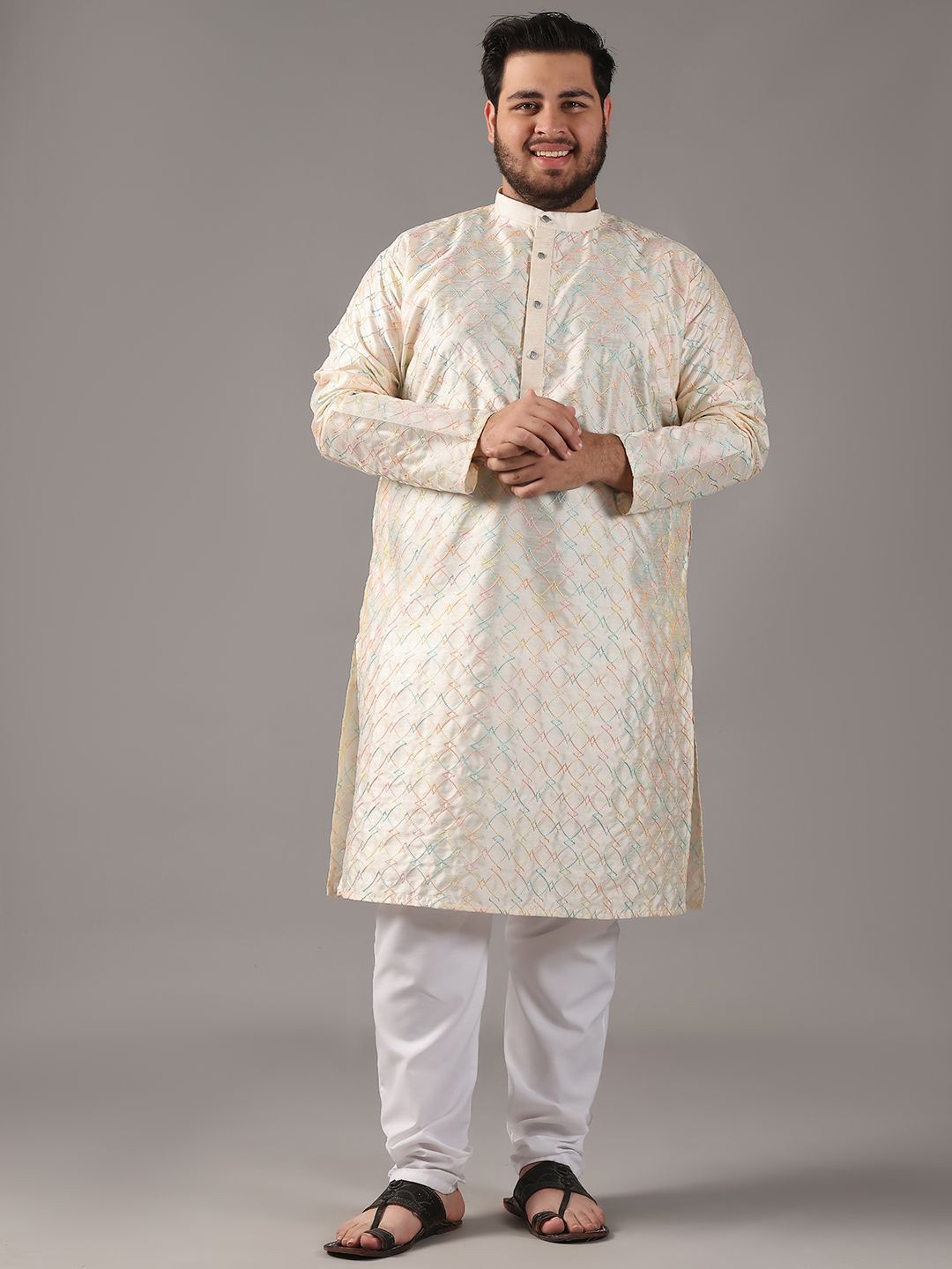 SOJANYA PLUS Plus Size Lelaki Motif Etnci Sulam Kurta Lurus Dengan Piyama